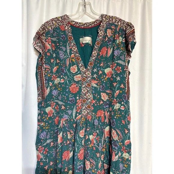 Anthropologie A+ Floral Print V Neck Mini Dress Green Red Boho Cottagecore - Picture 2 of 8